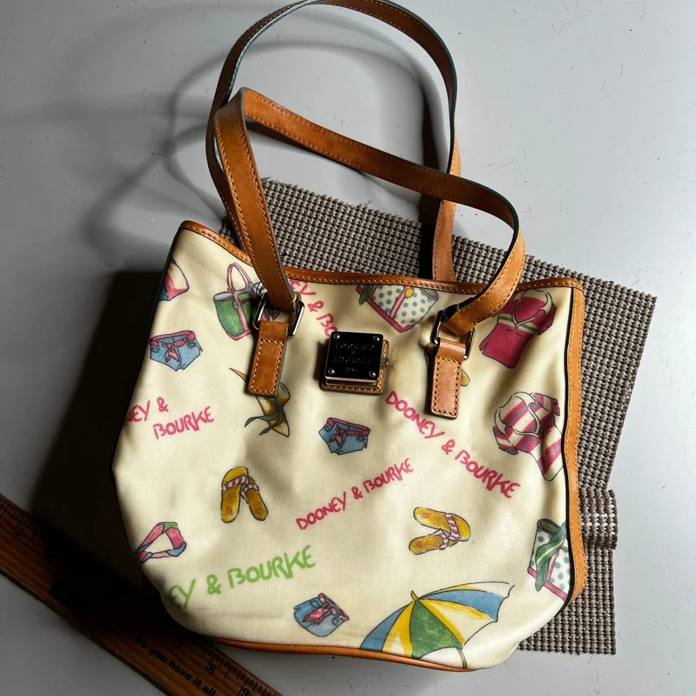Dooney & Bourke Beach Print Coated Canvas Shoulder Bag Cream Tan Leather Trim